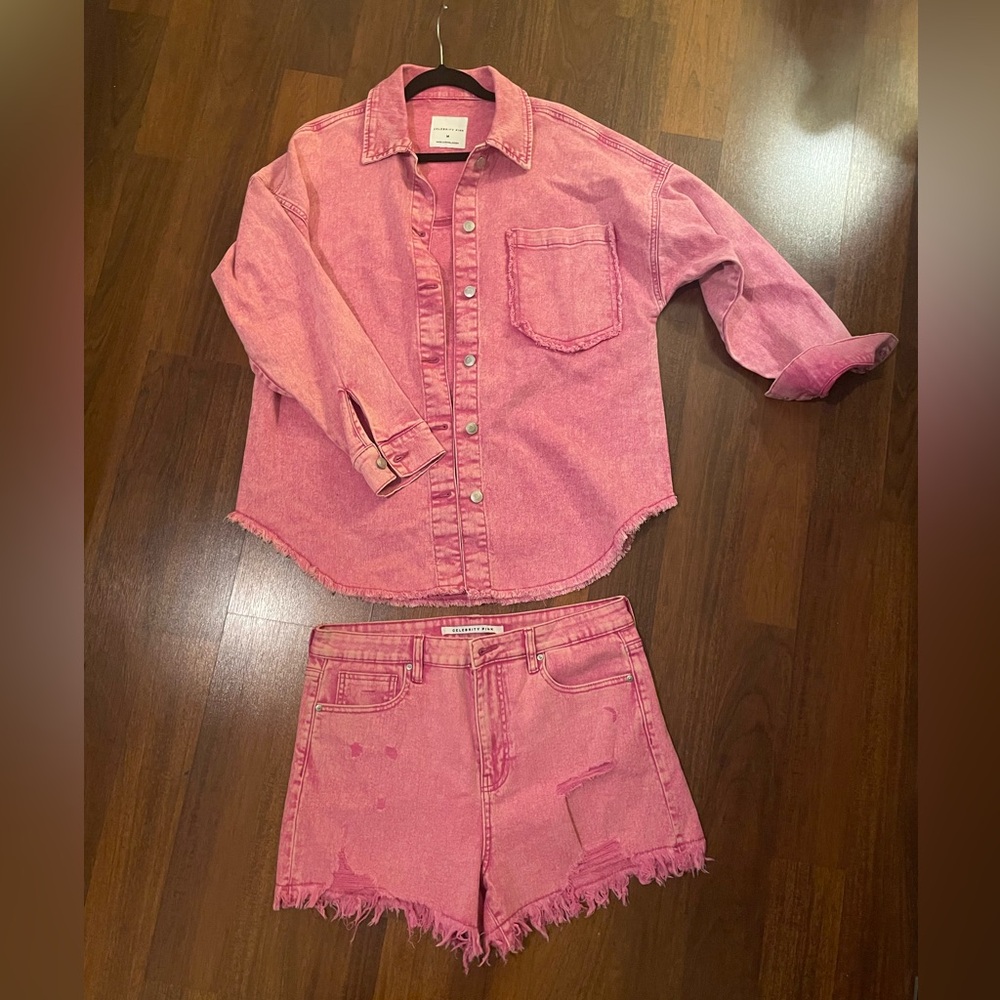 Celebrity pink jean jacket and shorts.